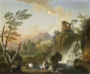 Pecheur Conversant Au Pied D'une Cascade by Charles Francois Lacroix