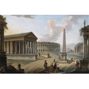 A Capriccio With Roman Monuments In Nimes, Including The Maison Carree (+ A Capriccio With Ancient Roman Monuments, Including The Triumphal Arch Of Orange, The Aqueduct Of Frejus, And The Cenotaph Of Gaius And Lucius Caesar; Pair) by Charles Francois Lacroix