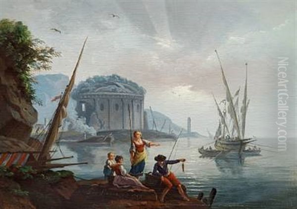 Mediterranean Seaport Scene With Fishermen At Dawn (+ Another, Pair) - view 1