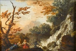 A Rocky River Landscape With Figures Resting On The Banks Before A Waterfall by Charles Francois Lacroix