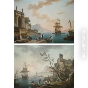 Morning: A View Of A Mediterranean Port At Sunrise With Figures Gathered On The Nearside Quay (+ Evening: A View Of A Mediterranean Port At Dusk, With Figures Unloading Cargo From A Rowing Boat Onto T by Charles Francois Lacroix