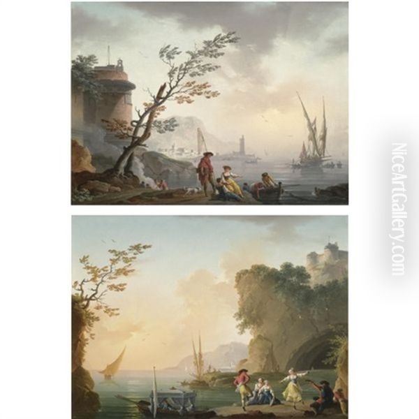 Morning: Fisherfolk On A Rocky Coast, A Fortified Town Beyond (+ Evening: A Couple Dancing Near A Cave, Their Barge Awaiting Off The Shore; Pair) - view 1
