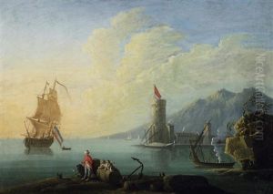 Vor Der Hafeneinfahrt. Hafenarbeiter Ruhen Sich Am Kai Aus Und Beobachten Einen Vor Anker Liegenden Segler