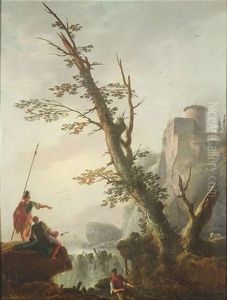 Steile Figurenstaffierte Felskuste Mit Einem Kastell Auf Der Hohe. Im Vordergrund Fischer Bei Der Arbeit An Einer Reuse by Charles Francois Lacroix