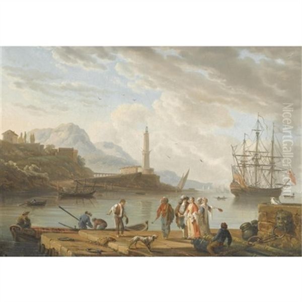A Mediterranean Harbour Scene With Figures Conversing In The Foreground - view 1