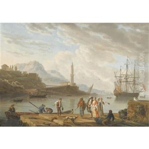 A Mediterranean Harbour Scene With Figures Conversing In The Foreground A Mediterranean Harbour Scene With Figures Conversing In The Foreground