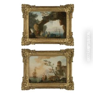 A Mediterranean Coastal Landscape With Elegant Figures Making Music And Dancing, A Harbour Beyond (+ Another, Larger; Pair) A Mediterranean Coastal Landscape With Elegant Figures Making Music And Dancing, A Harbour Beyond (+ Another, Larger; Pair)