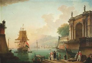 Sudlicher Hafen Mit Eleganten Figuren An Einem Steg Neben Einer Klassischen Bogenarchitektur