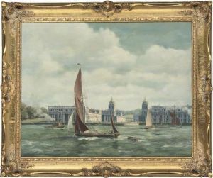 A Thames Barge And Other Shipping In The Pool Of London; And A Thames Barge Running Down The Thames Before Greenwich Hospital by Sidney James Beer