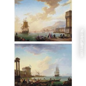 A Port Scene With Elegant Figures Embarking (+ A Port Scene With Fishermen Hauling Nets; Pair) by Charles Francois Lacroix