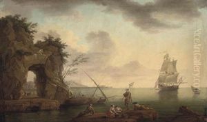 A Mediterranean Coastal Inlet With Shipping And Fishermen On A Bank by Charles Francois Lacroix