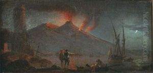 Vue Nocturne De L'eruption Du Vesuve
