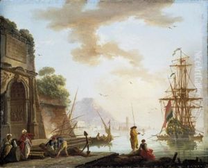A Mediterranean Sea Port With Orientals Conversing Beneath An Ancient Roman Arch, A Man-o-war At Anchor Beyond