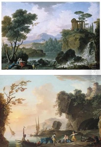 A Capriccio Landscape With Tivoli, The Temple Of Vesta And A Waterfall, A Fisherman And Other Figures In The Foreground (+ A Coastal Rocky Landscape At Sunset With Figures Dancing Before A Cave; Pair) - view 1