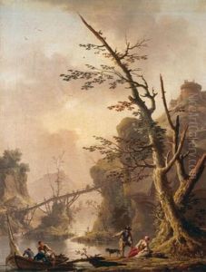 A River Landscape With Fishermen Hauling Their Nets, A Man And Woman Resting On A Bank Holding Fishing-rods Beside A Basket Of Fish, A Rocky Landscape And Footbridge Beyond by Charles Francois Lacroix