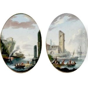 View Of A Port Town (+ Another Similar; Pair) by Charles Francois Lacroix
