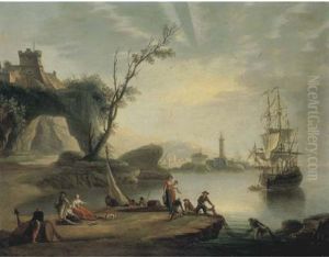 Marina Con Veliero E Pescatori Sulla Riva by Charles Francois Lacroix