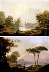 A Rocky River Landscape With Fishermen And Other Figures By A Waterfall by Charles Francois Lacroix