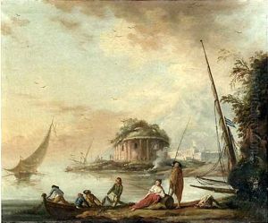 Paysage De Bord De Mer Anime De Pecheurs by Charles Francois Lacroix