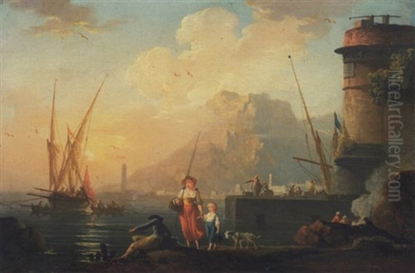 Pecheurs Au Bord De La Mer Au Soleil Couchant - view 1