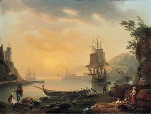 A Mediterranean Harbour Scene With Figures On The Shore, And Fishermen Launching A Boat A Mediterranean Harbour Scene With Figures On The Shore, And Fishermen Launching A Boat