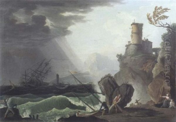 Pecheurs Sur Les Bords D'un Rivage Agite - view 1