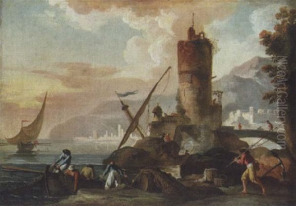 A Mediterranean Harbour Scene With Fishermen Tending Their Nets - view 1