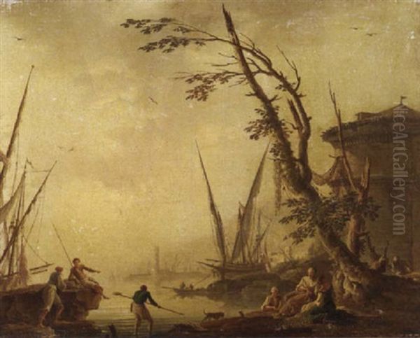 A Mediterranean Port With Figures On The Shore - view 1