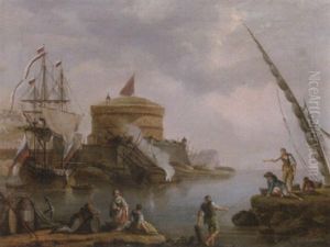 A Capriccio Landscape With Figures In The Foreground And Battleships By A Fortress Beyond