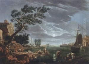 A Moonlit Mediterranean Landscape With Fishermen And Women Washing By A Harbour by Charles Francois Lacroix