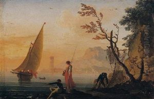 A Coastal Landscape At Sunset With Fisherfolk In The Foreground by Charles Francois Lacroix