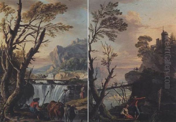 A River Landscape With A Drover Watering His Cattle Before A Bridge - view 1