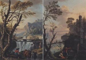 A River Landscape With A Drover Watering His Cattle Before A Bridge