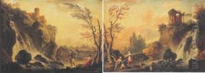 Paysage Avec Un Chateau En Ruines Surplombant Une Cascade, Un Groupe De Pechurs Au Premier Plan by Charles Francois Lacroix