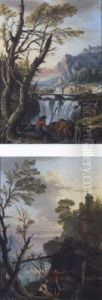 Gebirgslandschaft Mit Wasserfall Und Einem Hirten