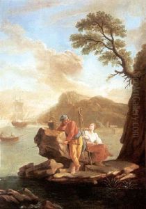 A Mediterranean Coastal Scene With A Fisherman And Woman On A Rock by Charles Francois Lacroix