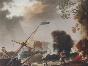 Stormy Seas With A Shipwreck On A Rocky Coast by Charles Francois Lacroix