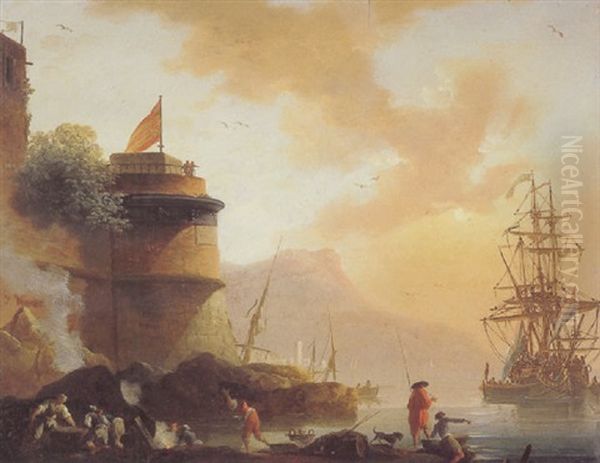 A Mediterranean Coastal Scene With Stevedors And Fisherfolk Beneath A Fortification - view 1