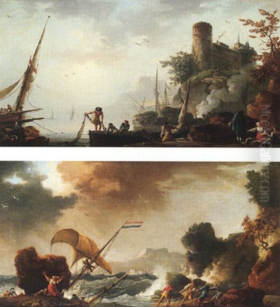A Mediterranean Port Scene With Fishermen Hauling In Their Nets - view 1