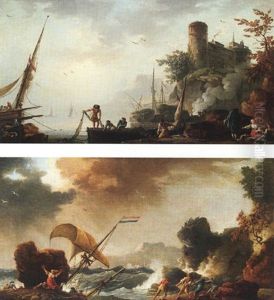A Mediterranean Port Scene With Fishermen Hauling In Their Nets by Charles Francois Lacroix