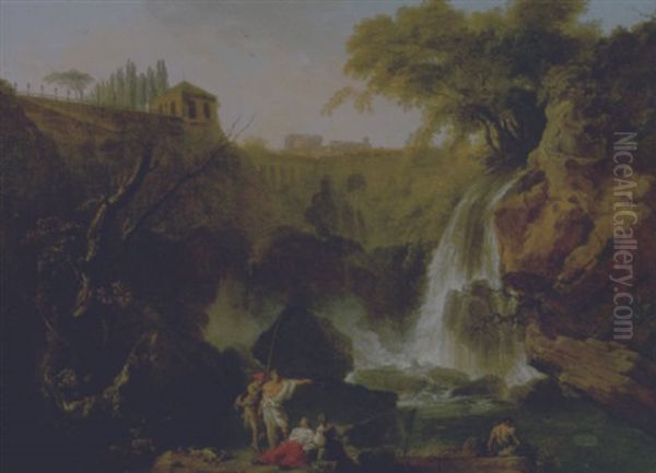 Tivoli, La Cascate Dell'aniene, Il Borgo Sullo Sfondo E Cinque Astanti In Paesaggio - view 1
