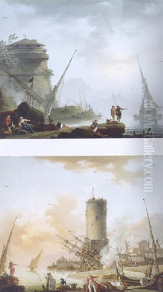 A Mediterranean Coast With Fisherfolk On The Shore, A Tower And Shipping Beyond - view 1