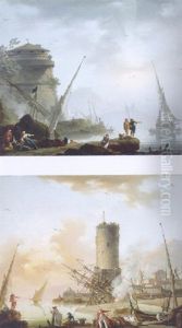 A Mediterranean Coast With Fisherfolk On The Shore, A Tower And Shipping Beyond