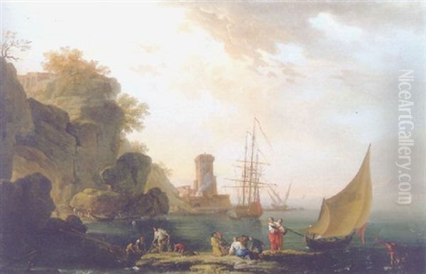 A Mediterranean Coast With Fishermen And Other Figures On The Shore, A Harbor And Shipping Beyond - view 1