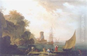A Mediterranean Coast With Fishermen And Other Figures On The Shore, A Harbor And Shipping Beyond by Charles Francois Lacroix
