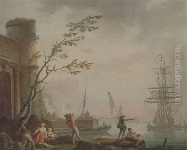 A Port Scene With Fishermen And Women Beside A Ruined Portal, A Man-of-war Anchored Offshore Beyond - view 1