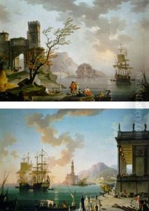 Morning: A Mediterranean Coast With Fisherfolk, A Fortified Archway, A Classical Ruin And Shipping Beyond by Charles Francois Lacroix