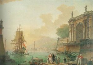A Mediterranean Port With Elegant Figures On A Quay Near A Classical Arch, A French Man-of War In The Harbour Beyond