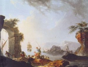 A Mediterranean Coastline With Fisherfolk On The Shore By A Ruined Archway