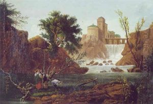 Romantisk Landskab Med Brusende Vandfald Ved Hojtliggende Borg, I Forgrunden Ungt Par Romantisk Landskab Med Brusende Vandfald Ved Hojtliggende Borg, I Forgrunden Ungt Par